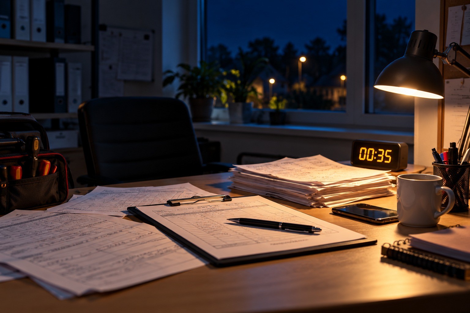 Leeres Büro mit unbearbeiteten Arbeitsberichten spät in der Nacht