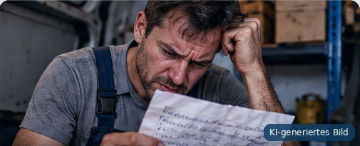 Selbstständiger versucht einen handschriftlichen Arbeitszettel zu entziffern